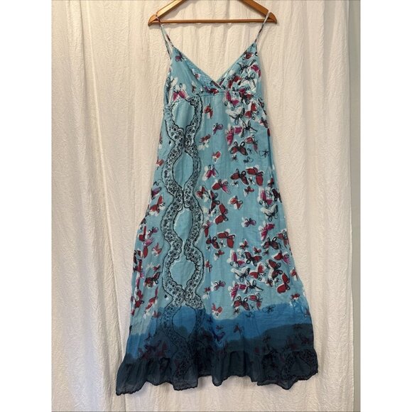 Y2K Derek Heart Blue Purple Fairy Butterfly Smocked Cotton Maxi Dress XL - Picture 1 of 11